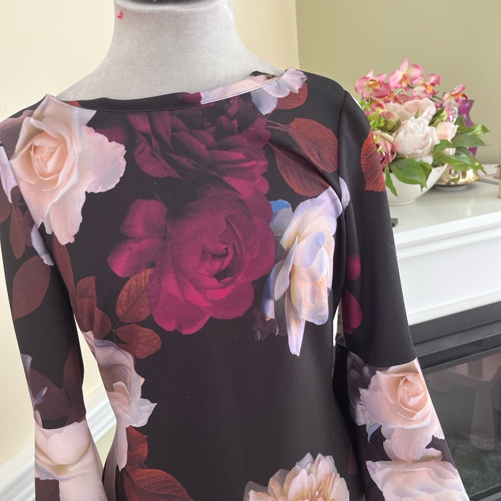 CALVIN KLEIN Black Floral Bell Sleeve Dress 6 NWOT - Picture 7 of 11